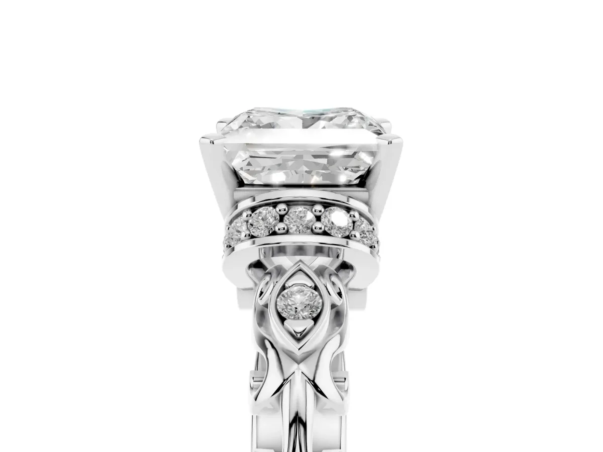 Princess Cut Diamond Solitaire Ring with Filigree Band and Four-Prong Setting Silver