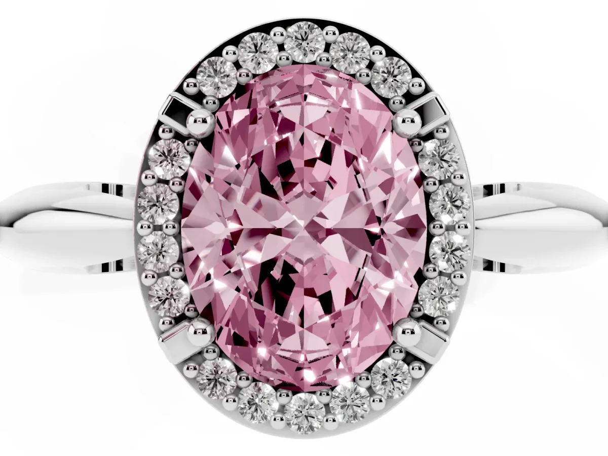 Fancy Pink Oval Cut Cut Diamond Halo Engagement Ring with Split Shank and Four-Prong Setting Silver