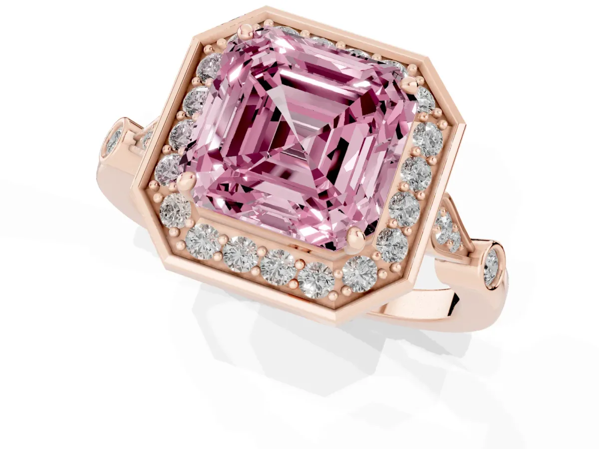 Fancy Pink Asscher Cut Halo Diamond Engagement Ring with Twisted Band and Four-Prong Setting Rose gold