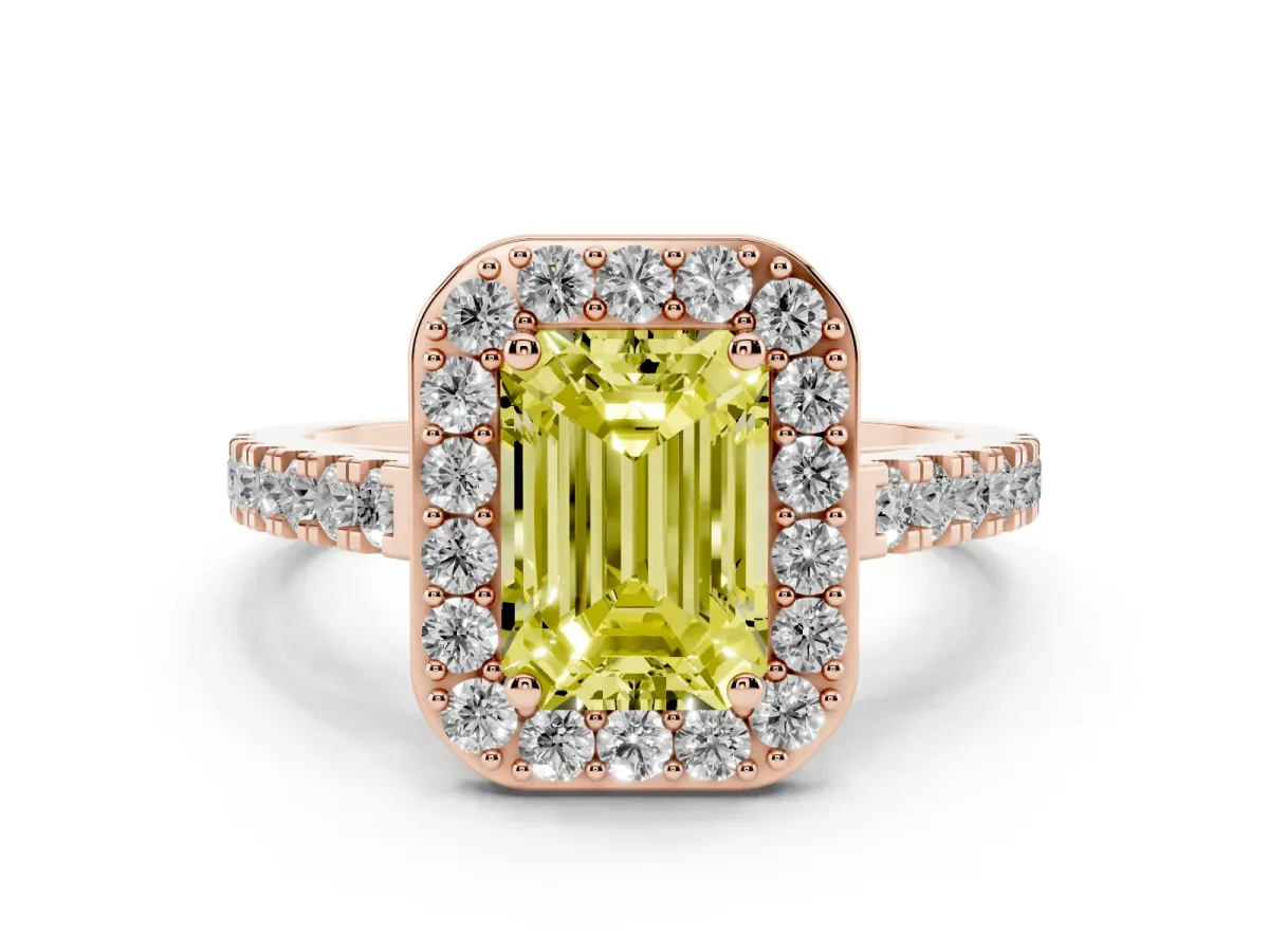 Fancy Yellow Emerald Cut Diamond Halo Ring with Round Pavé Split Shank and Prong Setting Rose gold
