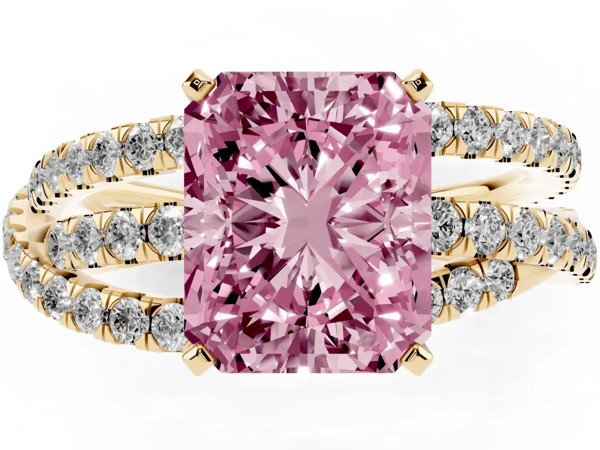 Fancy Pink Radiant Cut Solitaire Twist Band with Pavé Setting and Four-Prong Setting Yellow gold