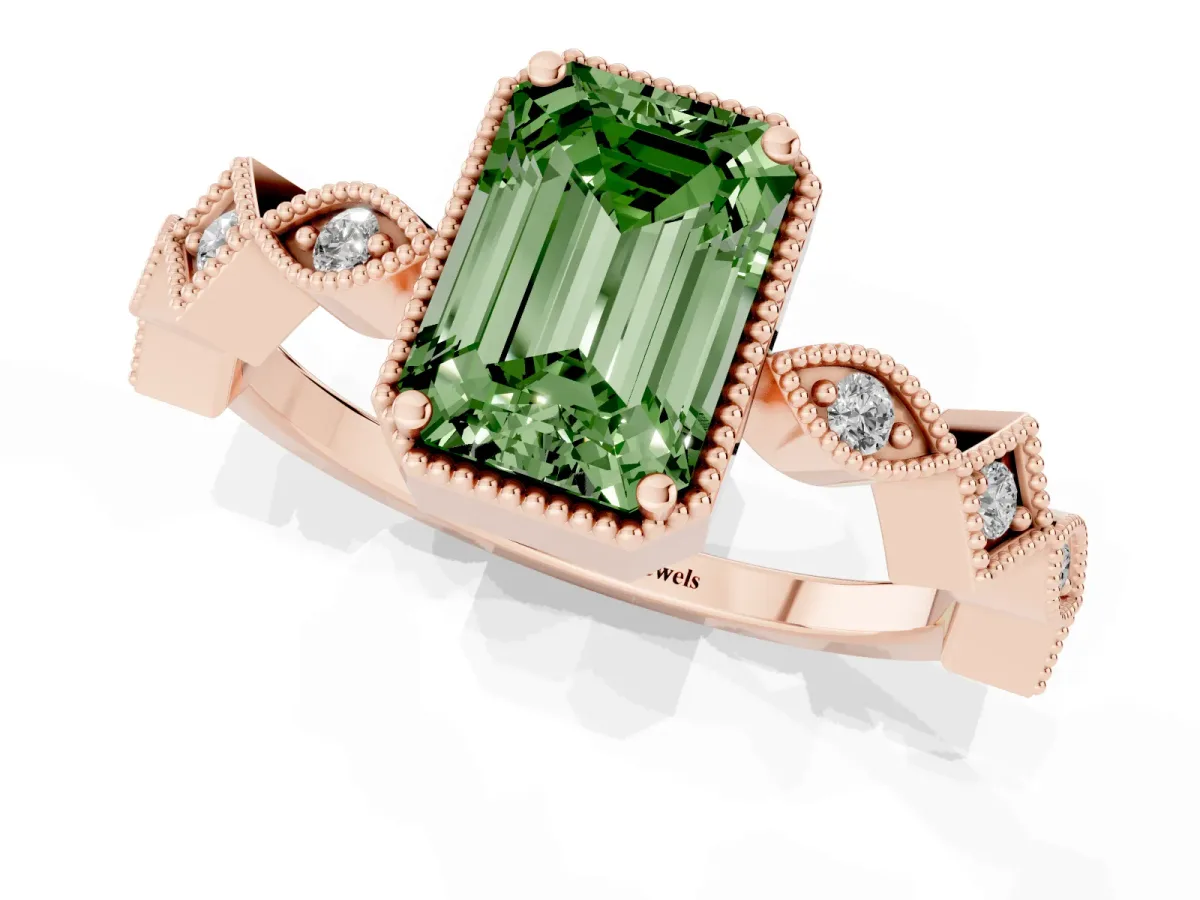 Fancy Green Emerald Cut Milgrain Marquise Diamond Twist Band Ring Rose gold