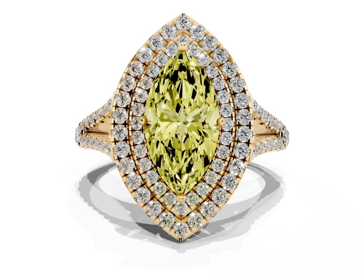 Fancy Yellow Marquise Cut Diamond Double Halo Ring with Pavé Band and Prong Setting Yellow gold
