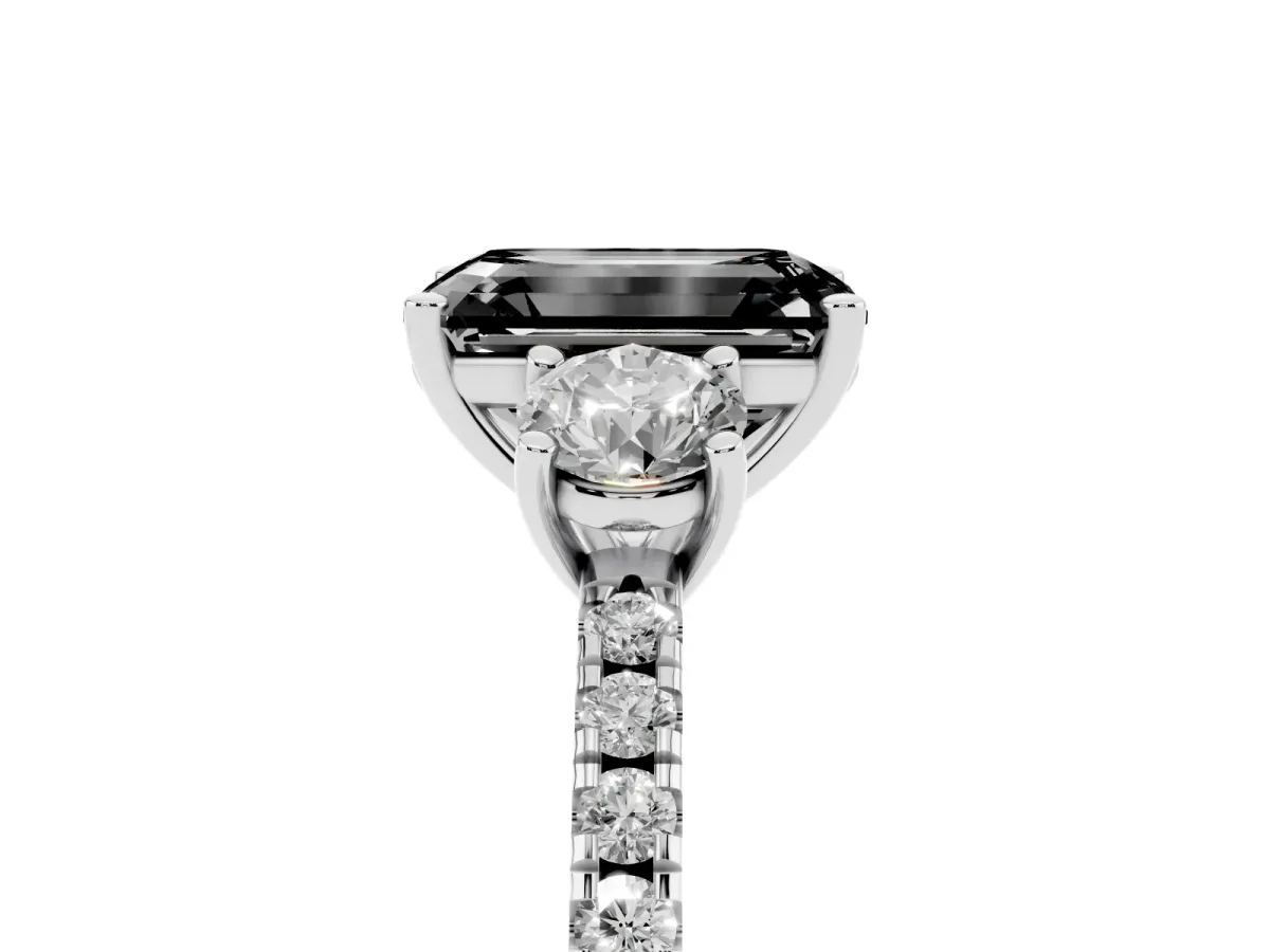 Fancy Black Three-Stone Emerald Cut Cut Diamond Pavé Band with Prong Setting Silver