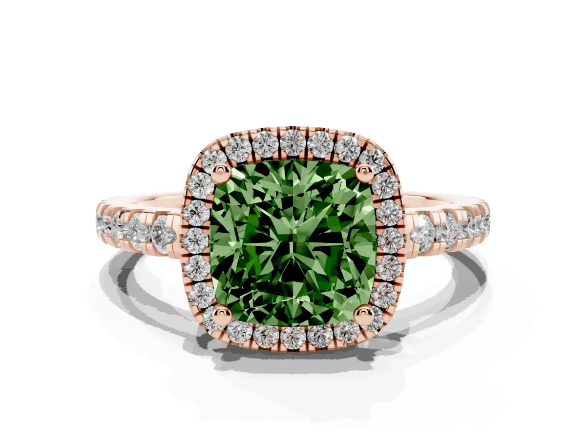 Fancy Green Cushion Cut Diamond Halo Ring with Pavé Band and Four-Prong Setting Rose gold