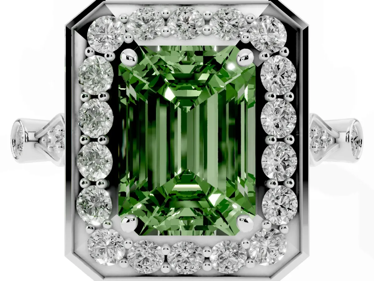 Fancy Green Emerald Cut Halo Diamond Engagement Ring with Twisted Band and Four-Prong Setting White gold
