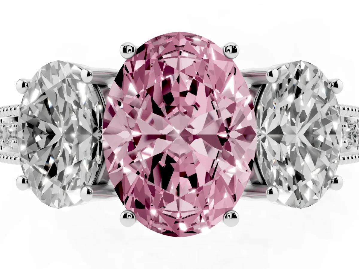 Fancy Pink Three-Stone Oval Cut Cut Milgrain Pavé Engagement Ring Silver