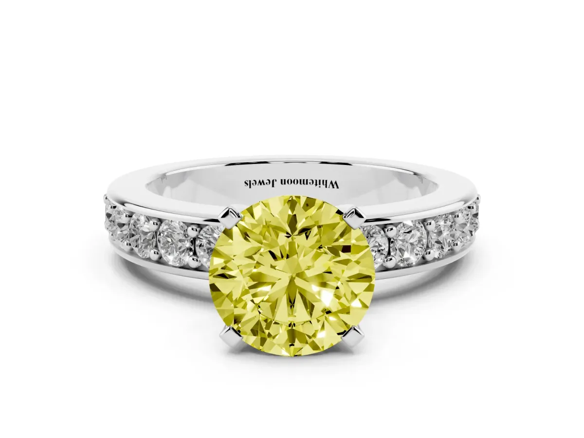 Fancy Yellow Round Cut Diamond Engagement Ring with Channel Set Round Band and Prong Setting Silver