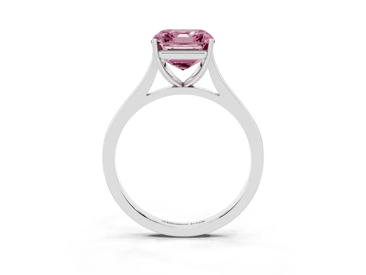 Fancy Pink Asscher Cut Solitaire Heart Prong Engagement Ring with Tapered Band Silver