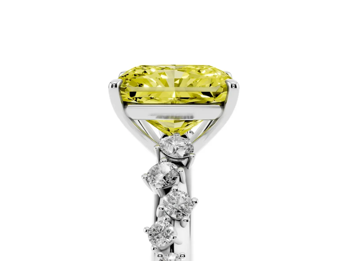 Fancy Yellow Radiant Cut Diamond Cluster Side Stone Solitaire Ring with Prong Setting White gold