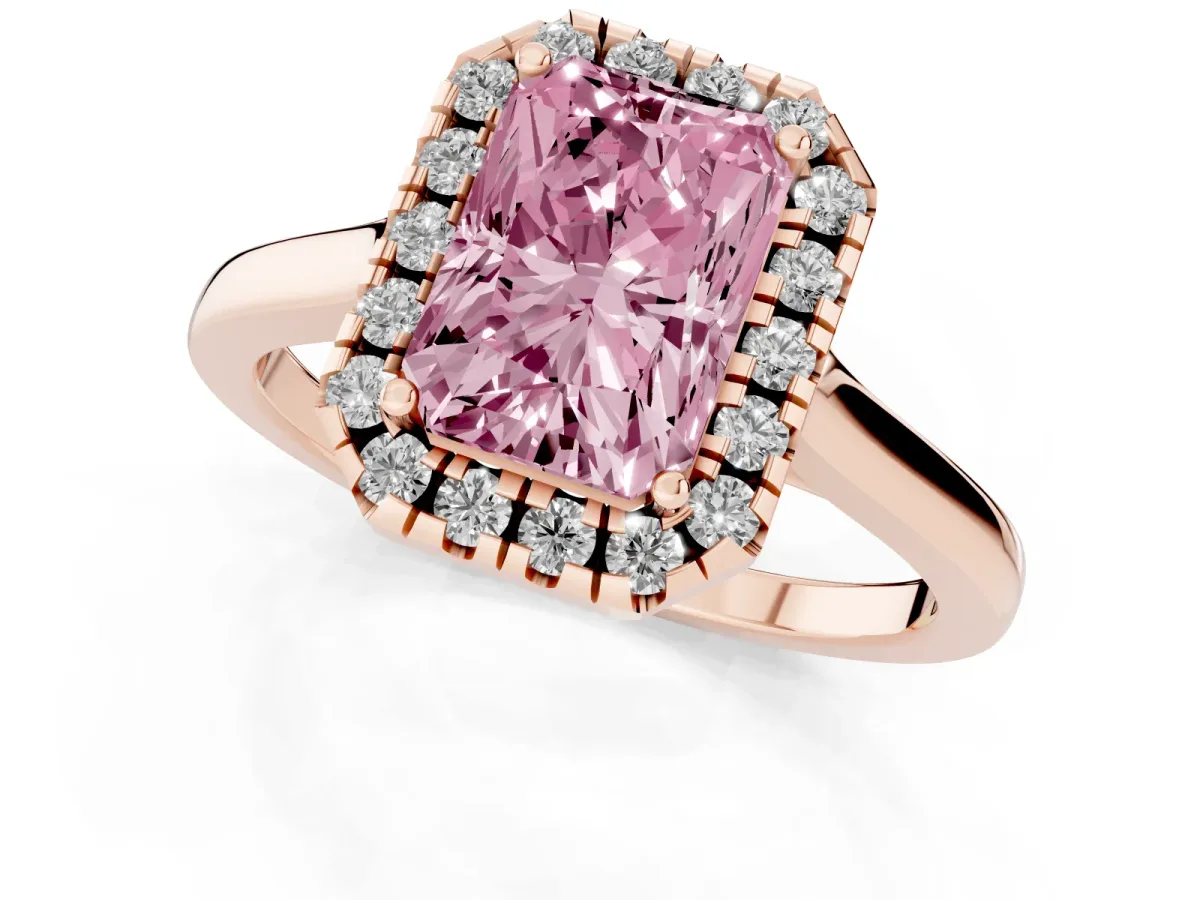 Fancy Pink Radiant Cut Halo Round Diamond Solitaire Ring with Pavé Band and Four-Prong Setting Rose gold