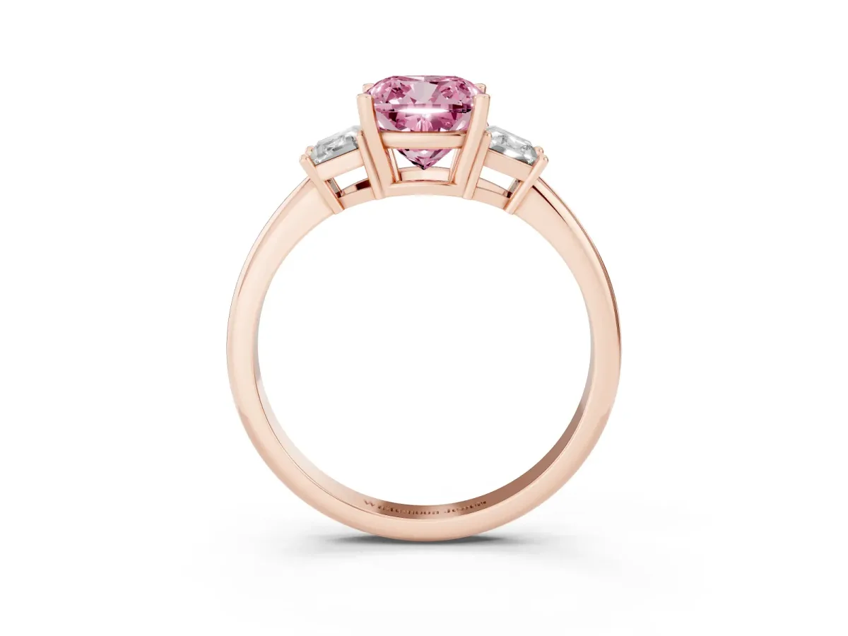 Fancy Pink Cushion Cut Diamond Three-Stone Ring with Trapezoid Side Stones and Prong Setting Rose gold