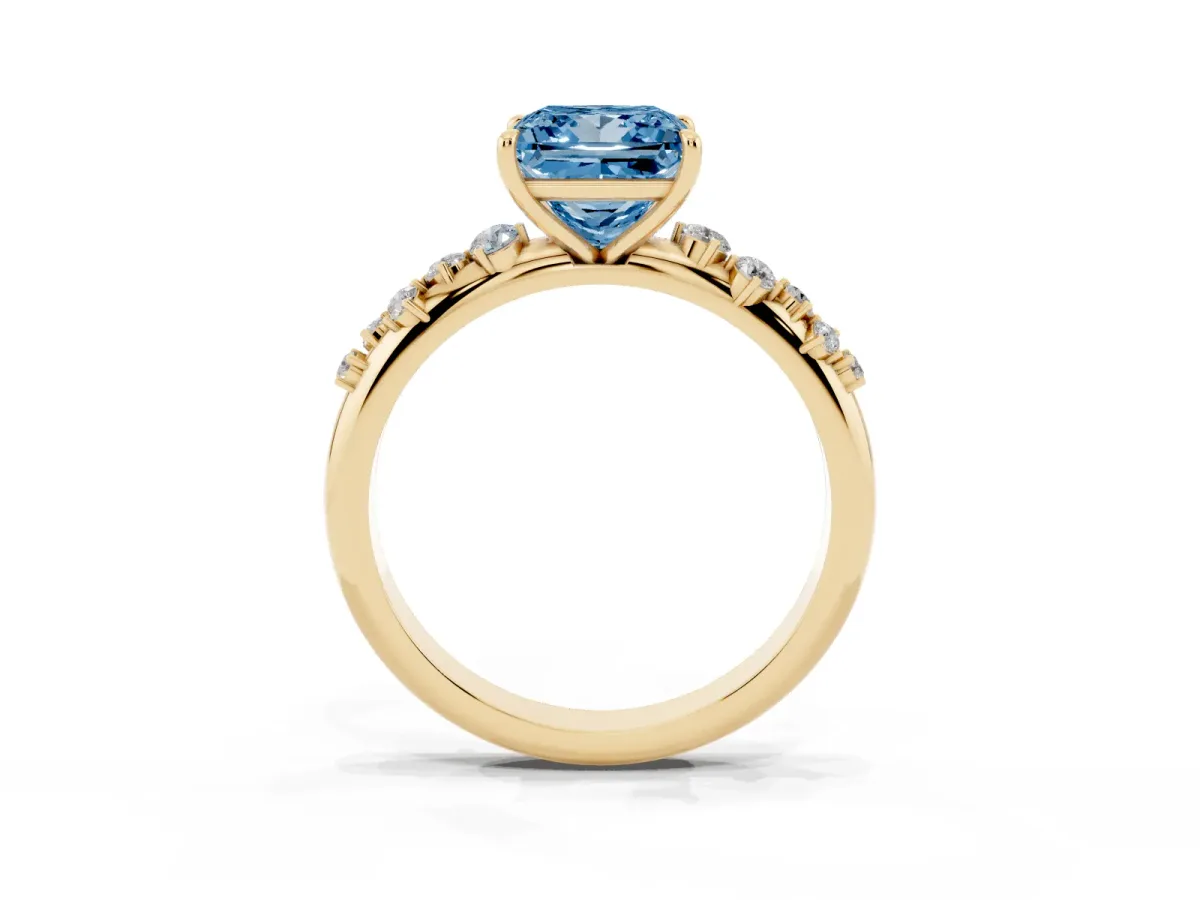 Fancy Blue Princess Cut Diamond Cluster Prong-Set Solitaire Ring Yellow gold