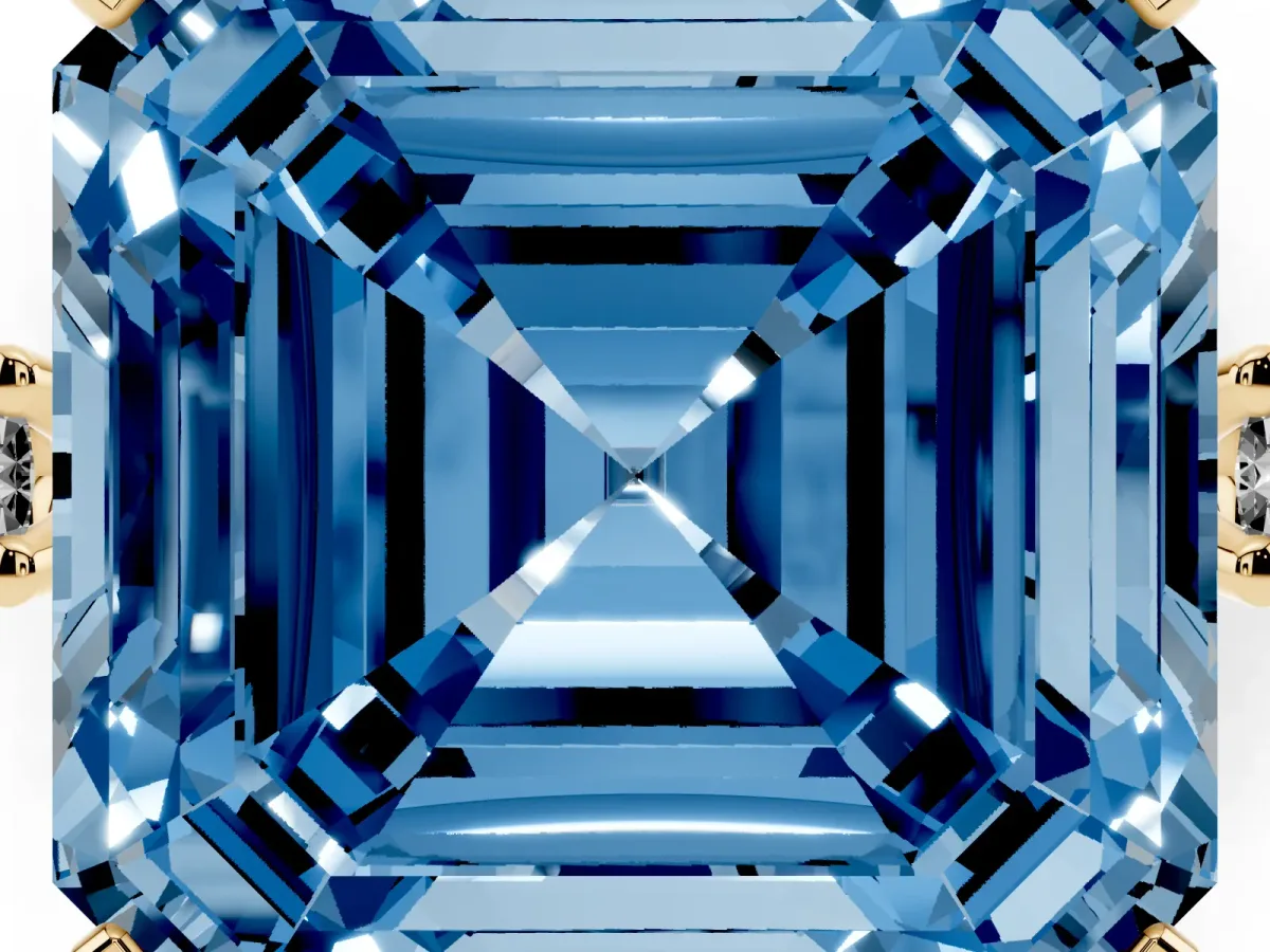 Fancy Blue Asscher Cut Cut Three-Stone Solitaire Ring with Round Accent Diamonds and Four-Prong Setting Yellow gold