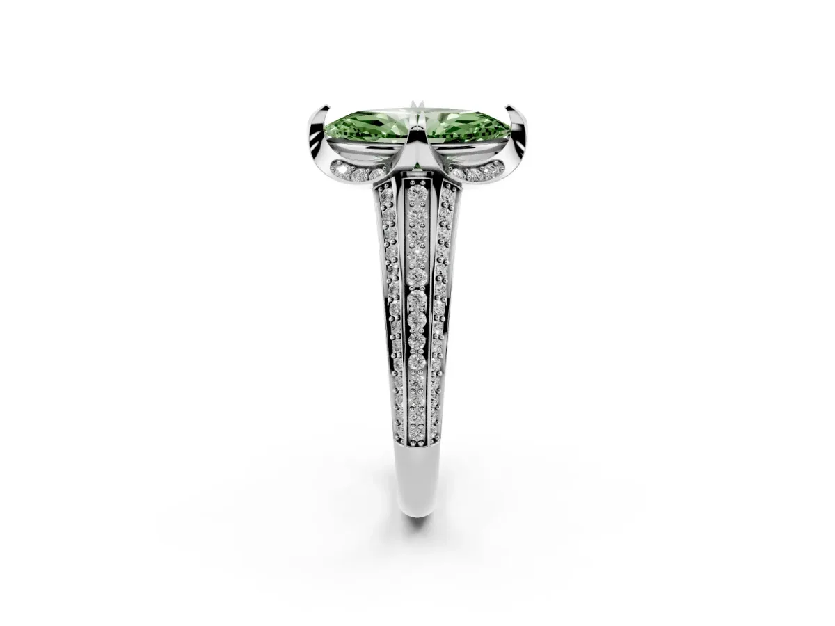 Fancy Green Marquise Cut Solitaire Pave Split Shank Ring with Four-Prong Setting White gold