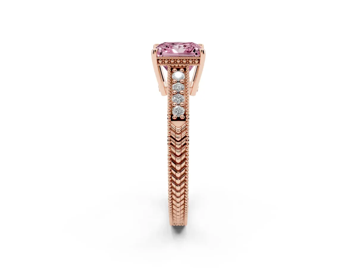 Fancy Pink Princess Cut Solitaire Pavé Diamond Milgrain Engagement Ring with Four-Prong Setting Rose gold