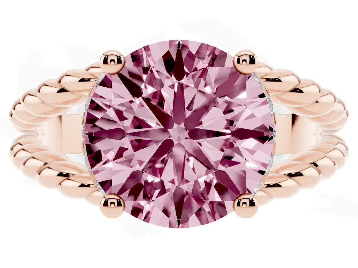 Fancy Pink Round Cut Halo Twisted Band Four-Prong Ring Rose gold