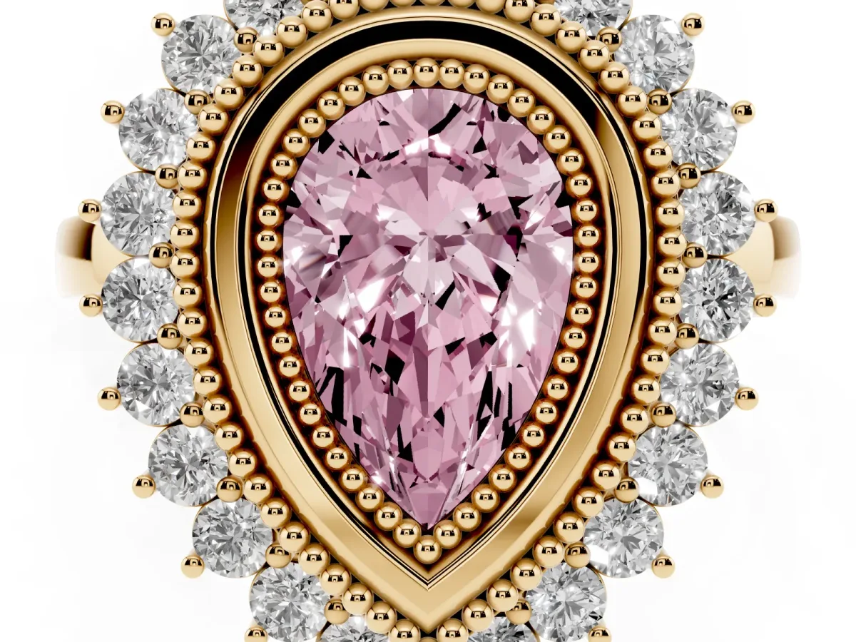 Fancy Pink Pear Cut Halo Diamond Ring with Milgrain Edge and Round Prong Setting Yellow gold