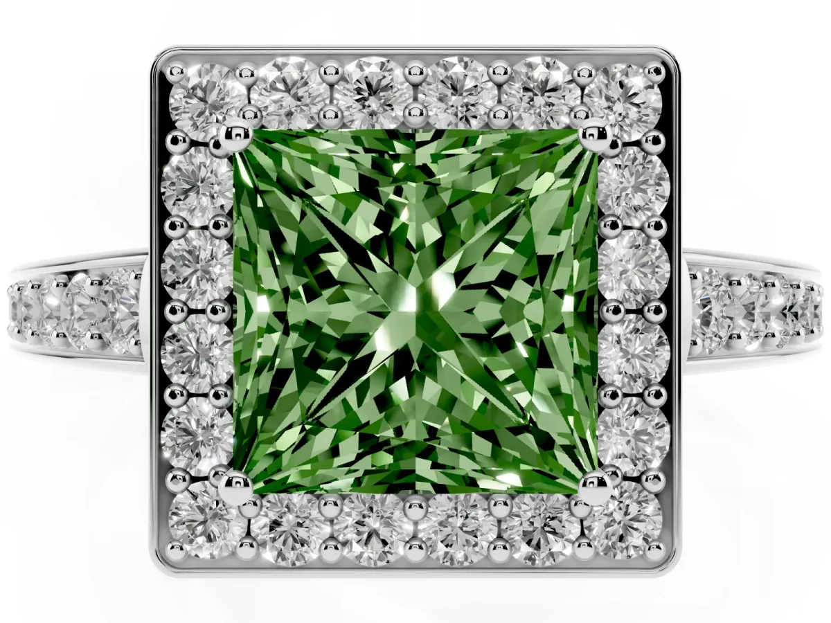 Fancy Green Princess Cut Halo Pavé Diamond Engagement Ring with Bezel Setting Silver