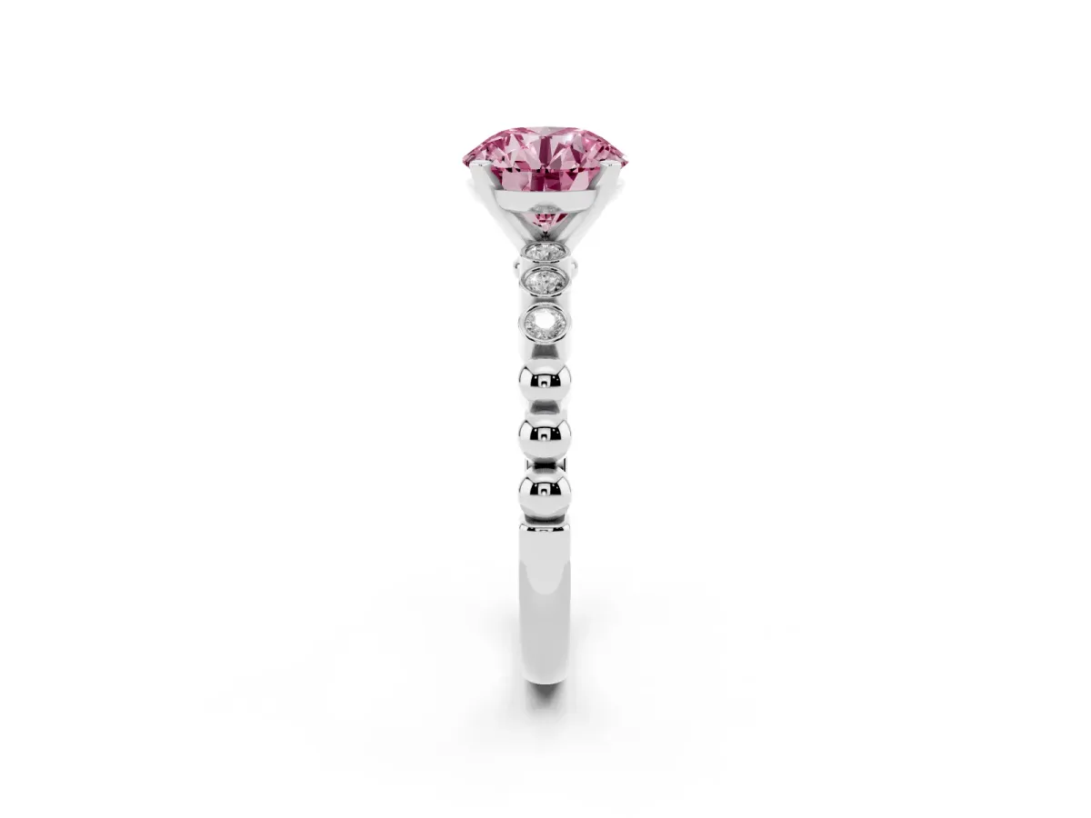 Fancy Pink Round Cut Solitaire Bezel Accent Diamond Engagement Ring with Beaded Band and Four-Prong Setting Platinum