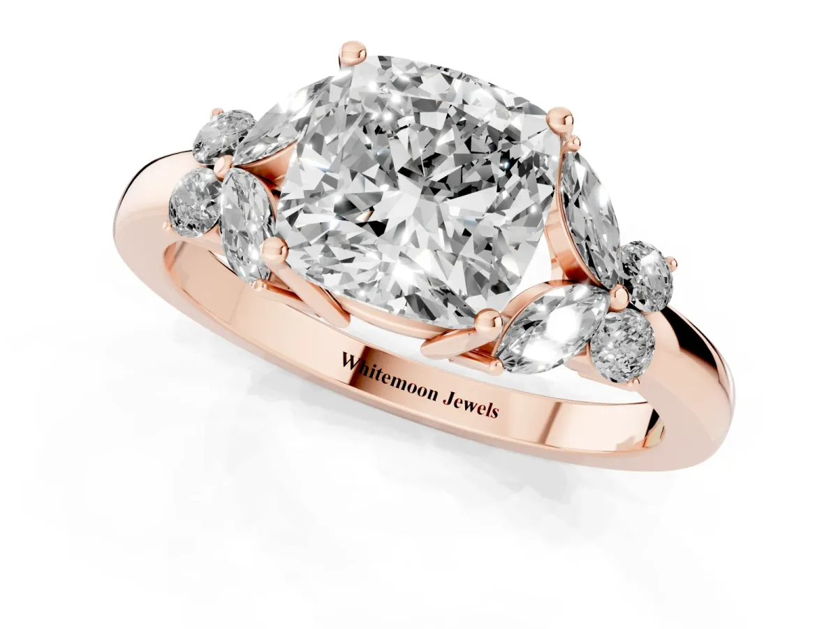 Cushion Cut Cut Solitaire Floral Diamond Ring with Four-Prong Setting Rose gold