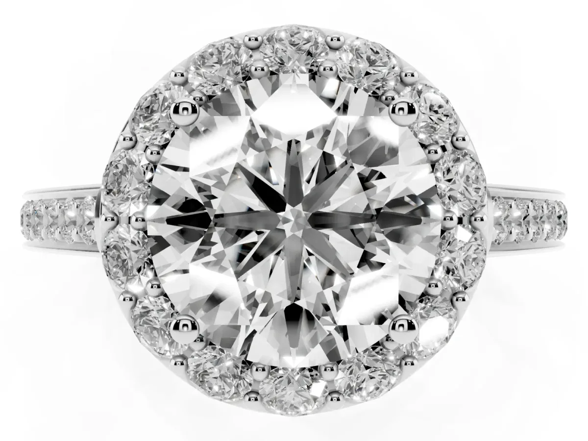 Round Cut Diamond Floral Halo Ring with Pavé Band and Prong Setting White gold