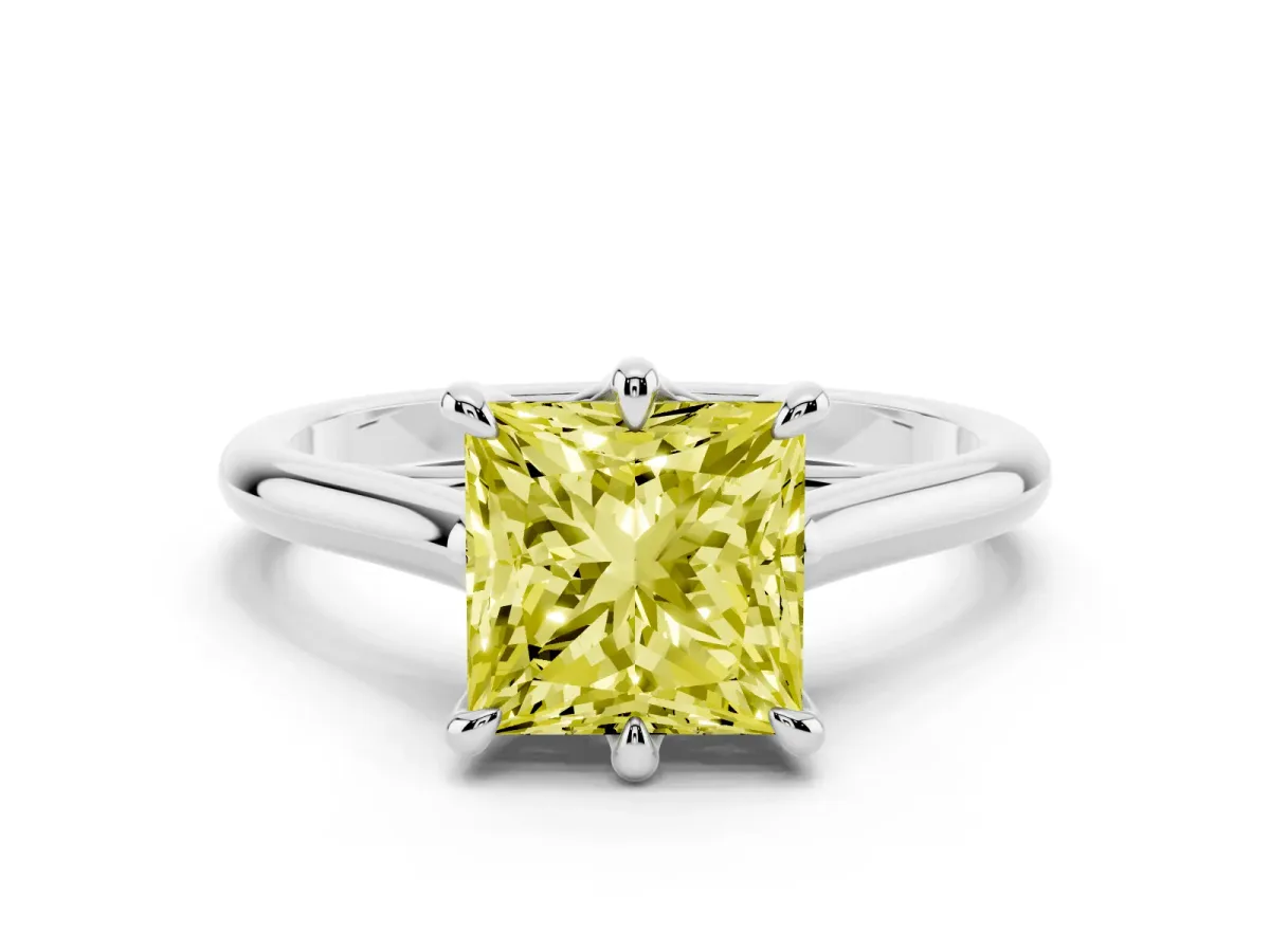 Fancy Yellow Princess Cut Solitaire Engagement Ring with Six-Prong Setting and Classic Band Silver