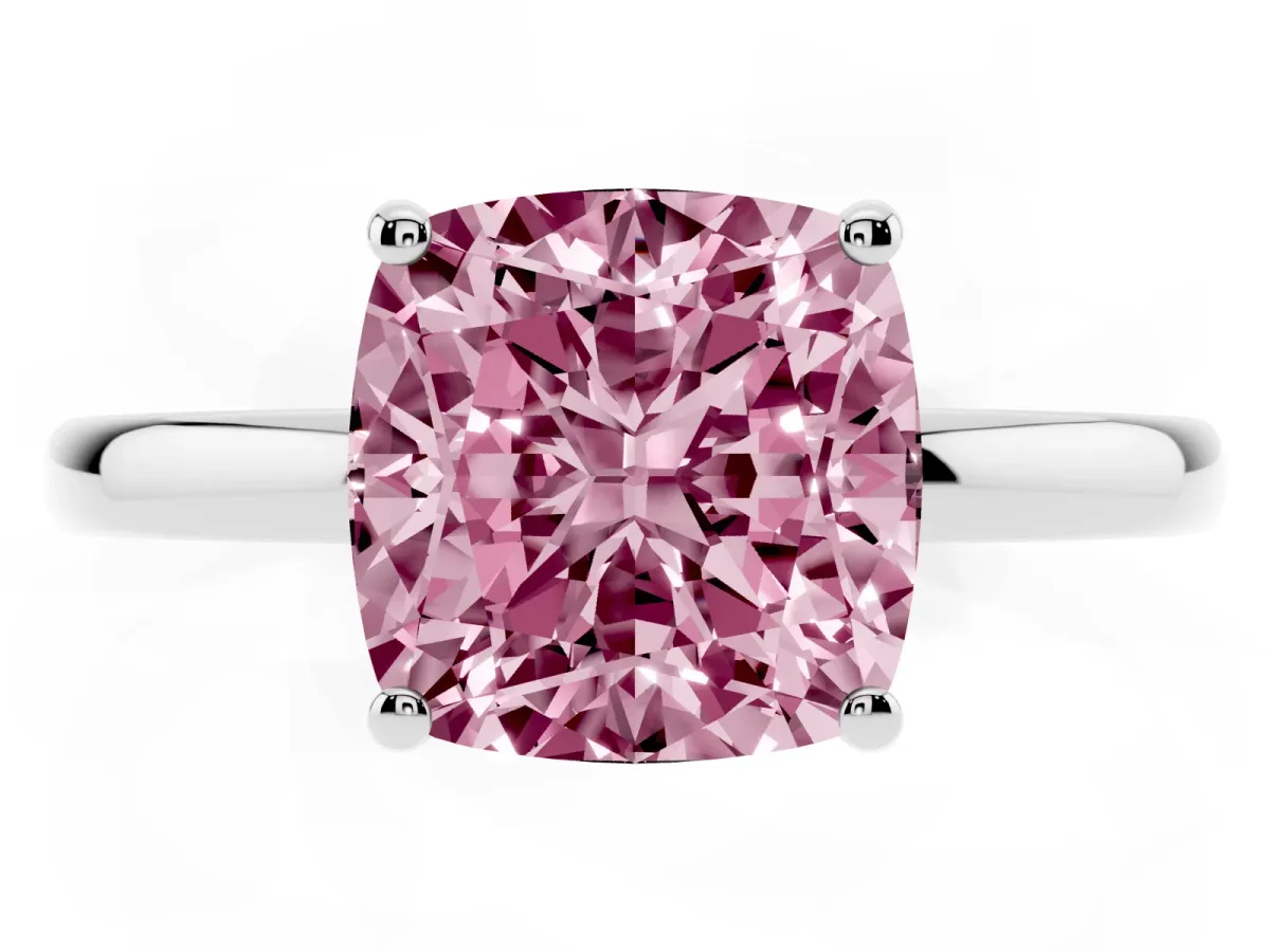 Fancy Pink Cushion Cut Solitaire Diamond Ring with Prong Setting and Plain Band White gold