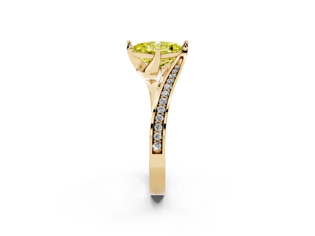 Fancy Yellow Asscher Cut Solitaire Diamond Twist Band with Pavé Setting and Four-Prong Setting Yellow gold