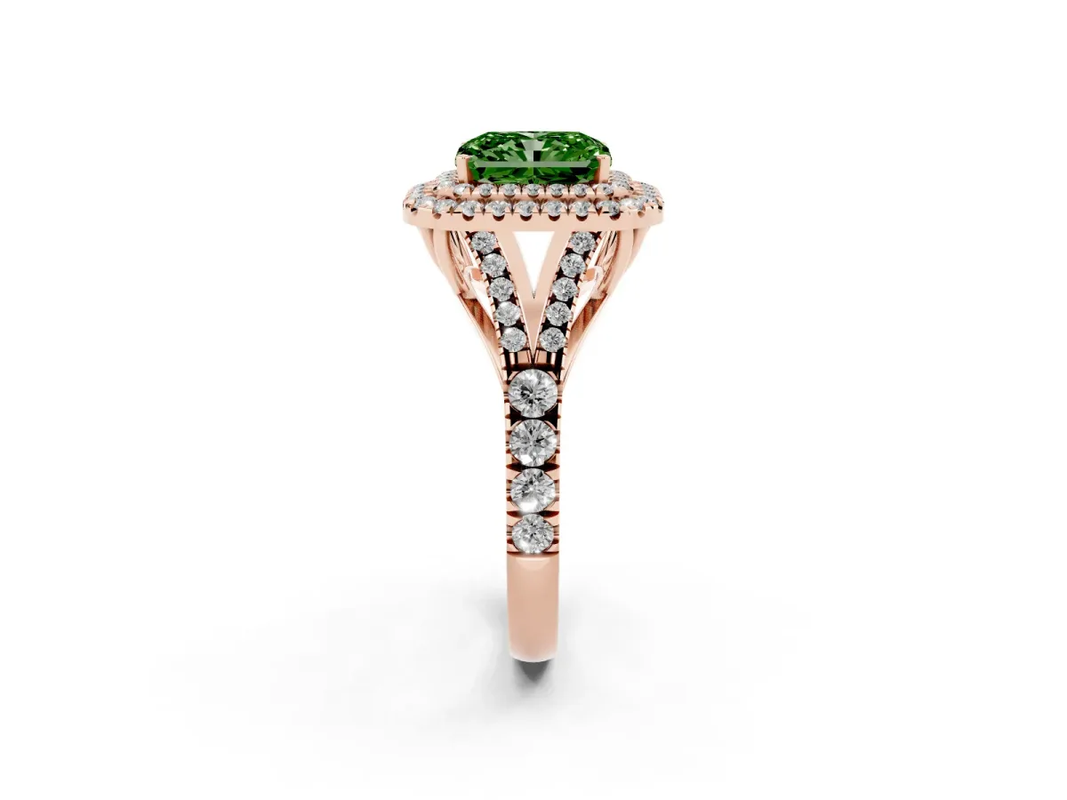 Fancy Green Radiant Cut Diamond Pavé Split Shank Double Halo Engagement Ring Rose gold