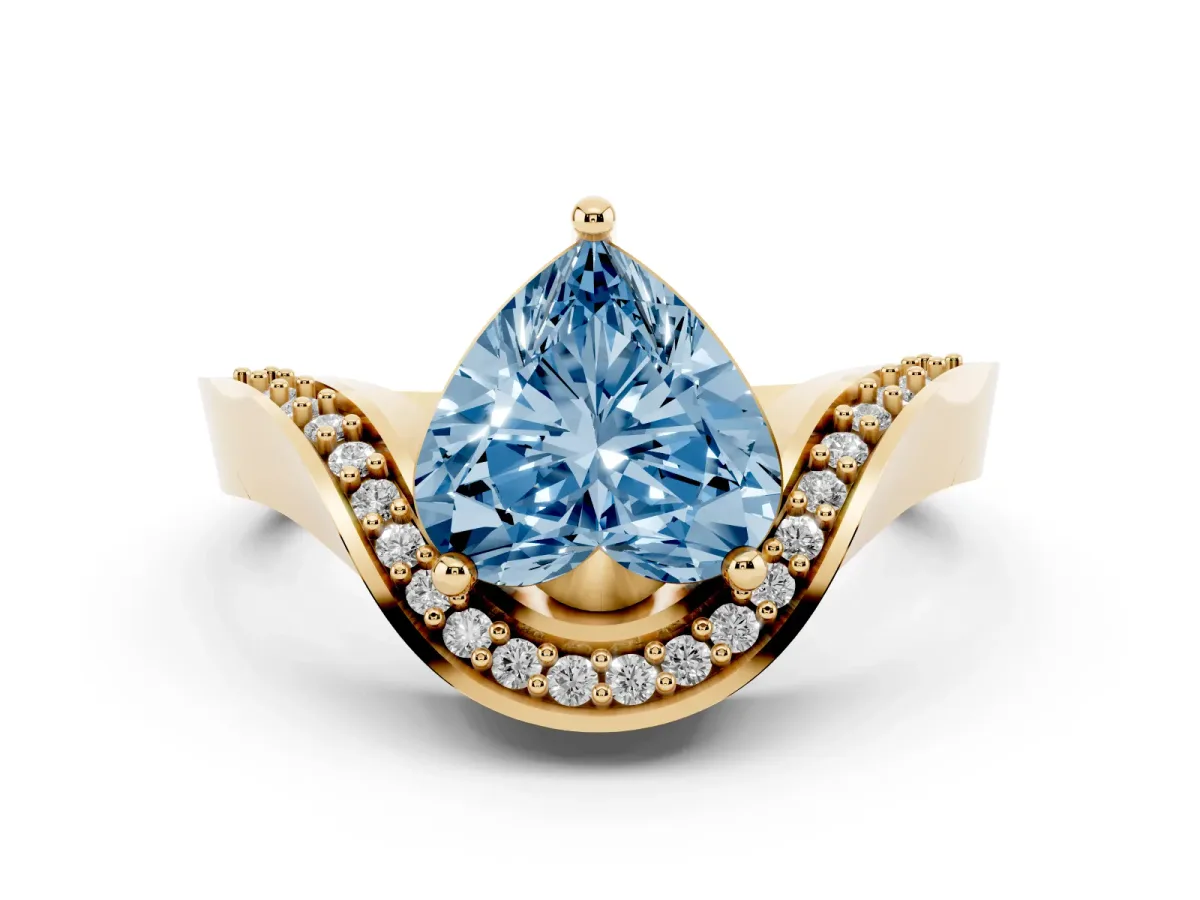 Fancy Blue Heart Cut Solitaire Diamond Engagement Ring with Pave Band and Four-Prong Setting Yellow gold