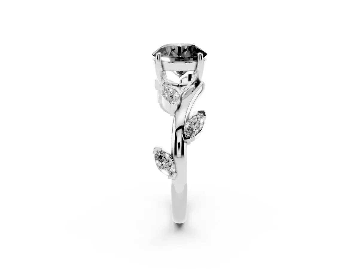 Fancy Black Round Cut Solitaire Twisted Band Marquise Accent Prong Setting Ring Silver
