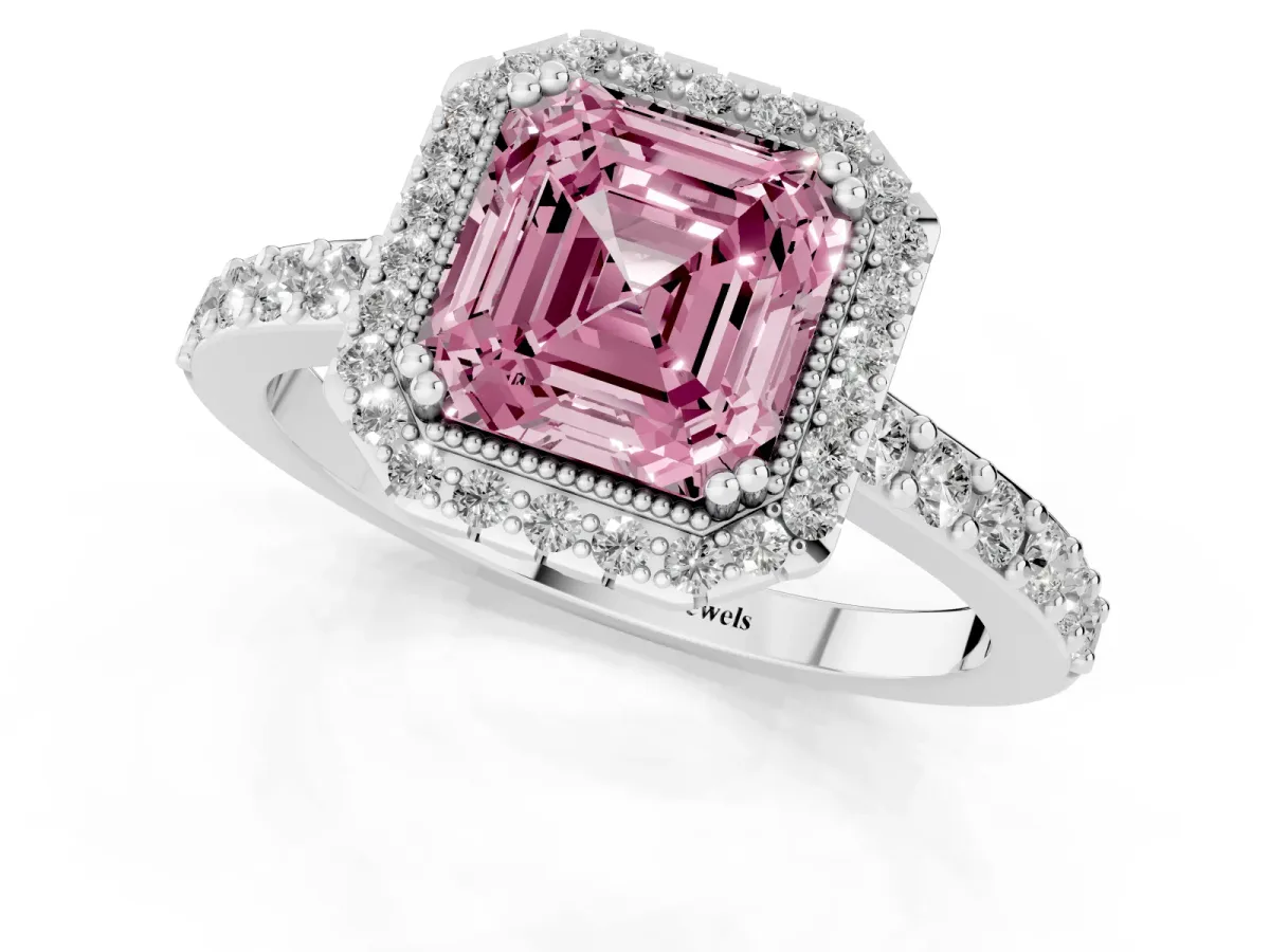 Fancy Pink Asscher Cut Cut Diamond Halo Engagement Ring with Milgrain Detail and Pavé Band White gold