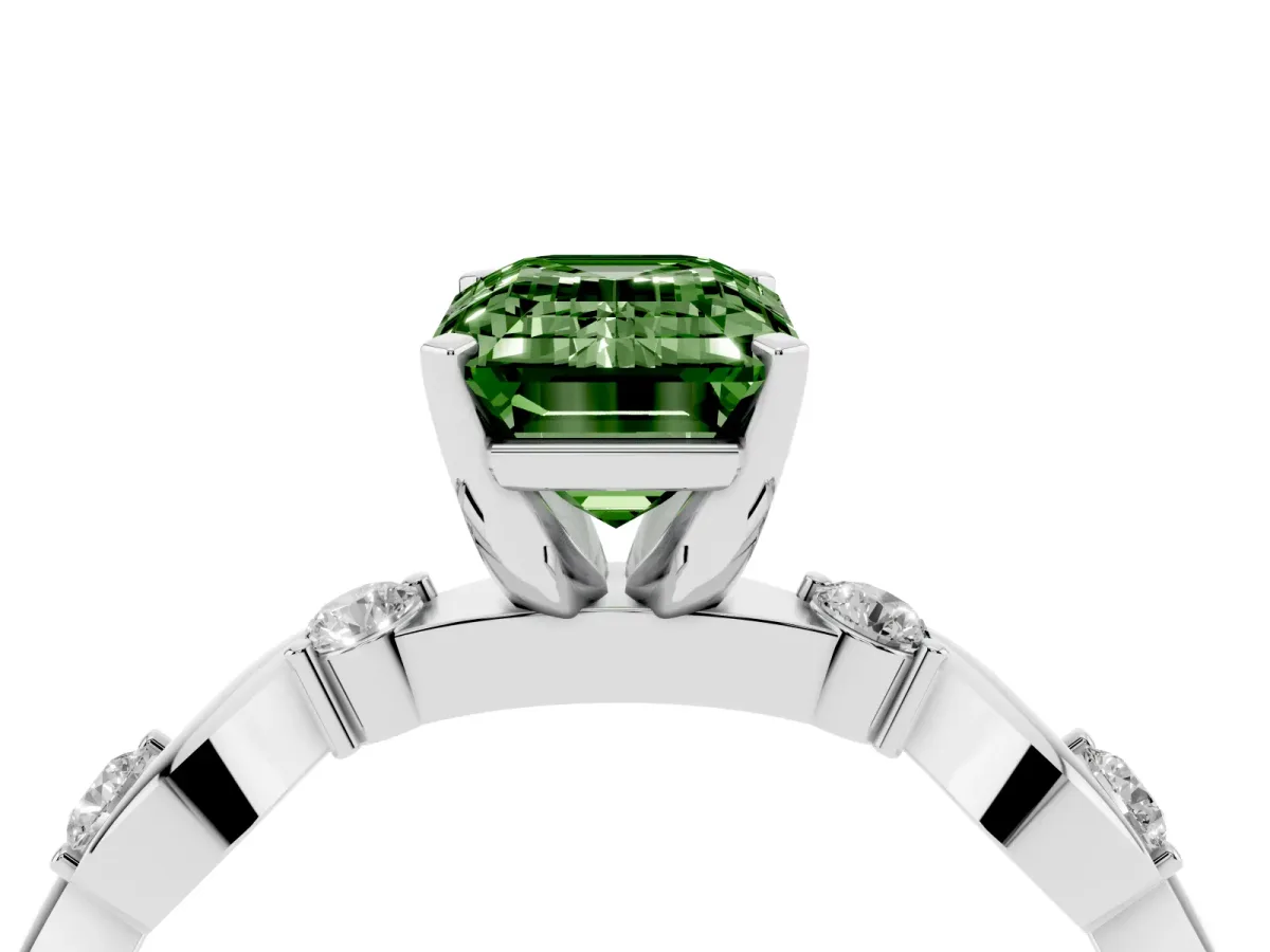Fancy Green Emerald Cut Diamond Solitaire Twisted Band with Round Accents and Prong Setting White gold