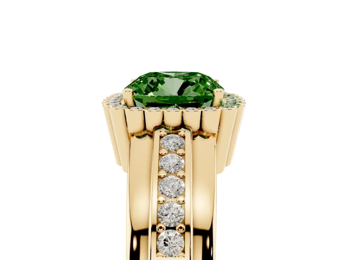 Fancy Green Cushion Cut Cut Halo Pave Band Four-Prong Ring Yellow gold