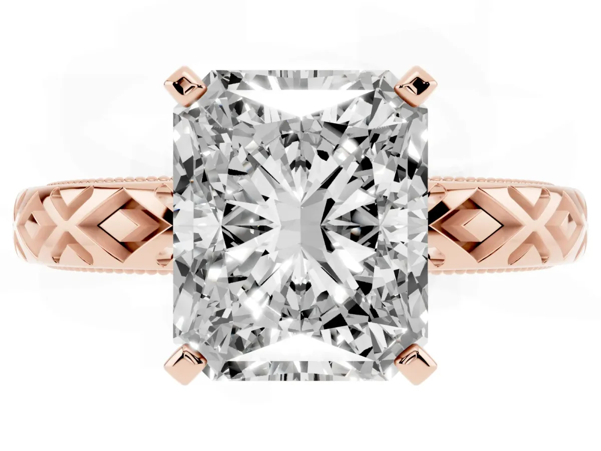 Radiant Cut Solitaire Diamond Ring with Milgrain and Black Enamel X Pattern Band Rose gold
