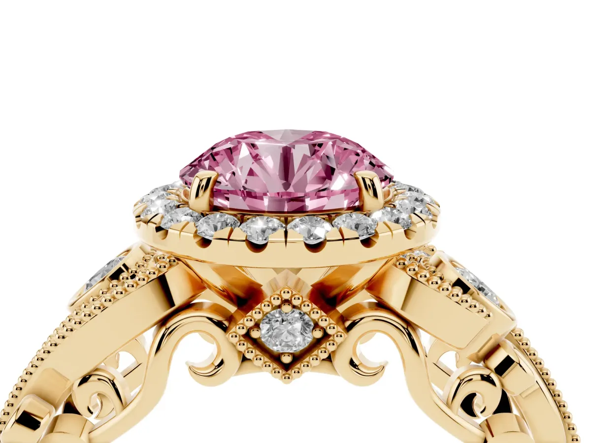 Fancy Pink Round Cut Halo Diamond Ring with Milgrain and Bezel Accents on a Split Shank Band Yellow gold