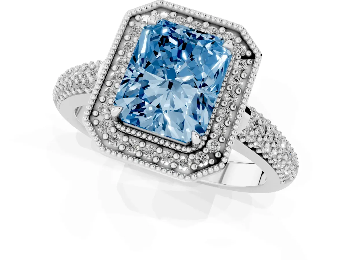 Fancy Blue Radiant Cut Cut Halo Diamond Pave Band with Four-Prong Setting Platinum