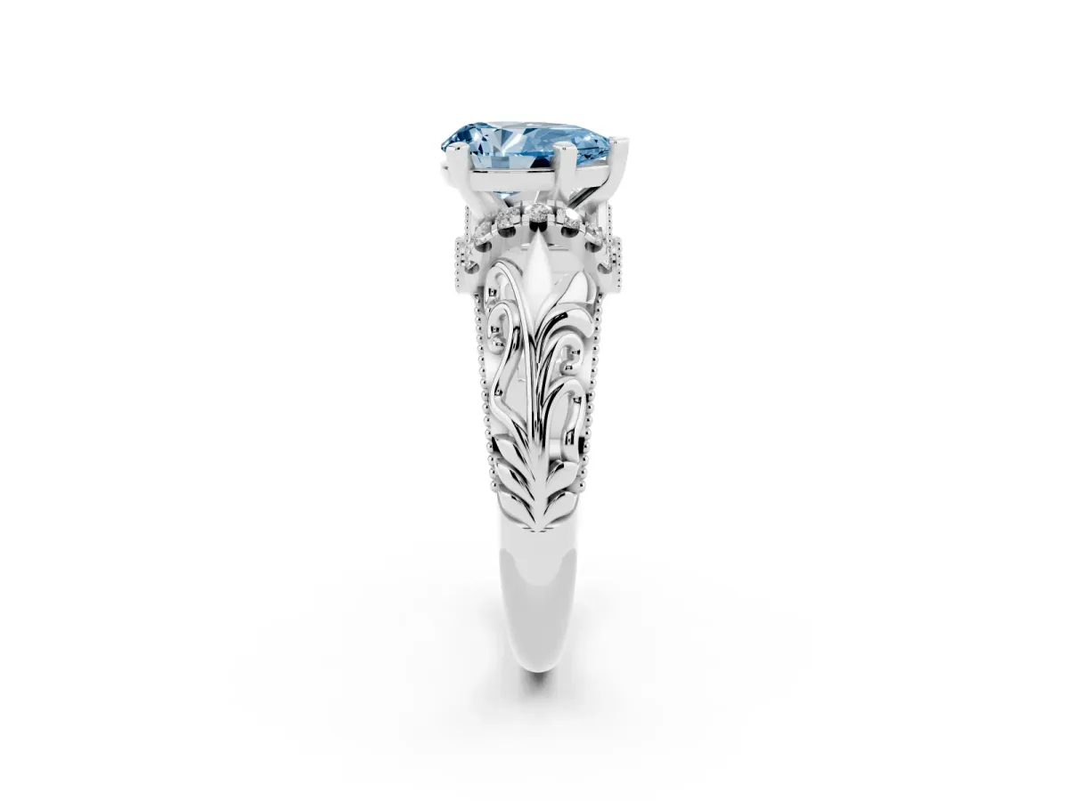 Fancy Blue Pear Cut Solitaire Filigree Engagement Ring with Halo and Prong Setting Silver