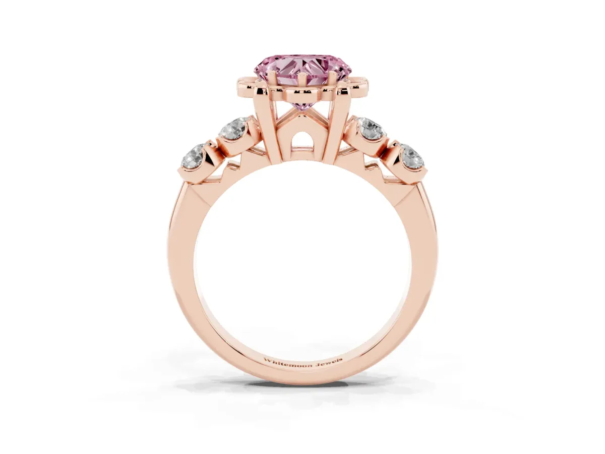 Fancy Pink Heart Cut Cut Diamond Floral Halo Engagement Ring with Shared Prong Setting Rose gold