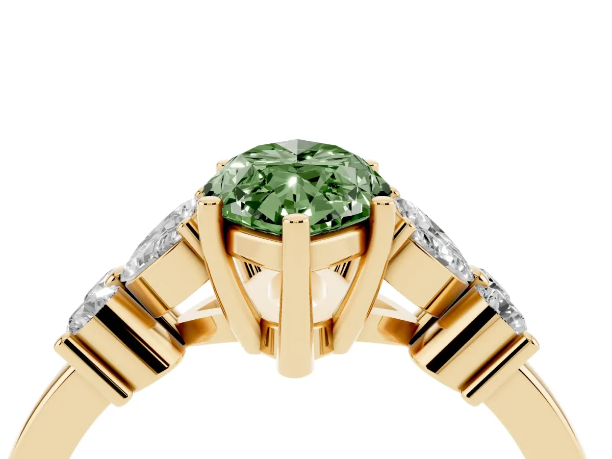 Fancy Green Marquise Cut Diamond Floral Cluster Ring with Solitaire Band and Prong Setting Yellow gold