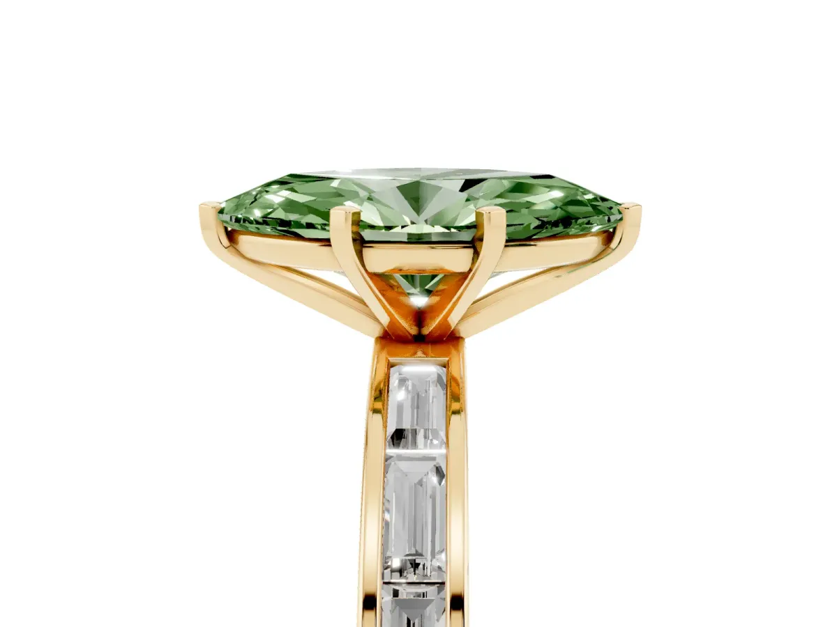 Fancy Green Marquise Cut Solitaire Diamond Ring with Channel-Set Baguette Band and Four-Prong Setting Yellow gold