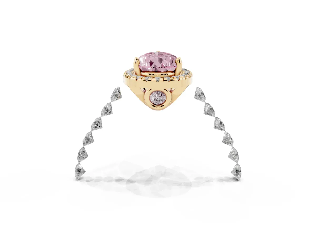 Fancy Pink Pear Cut Halo Pavé Diamond Engagement Ring with Four-Prong Setting Yellow gold