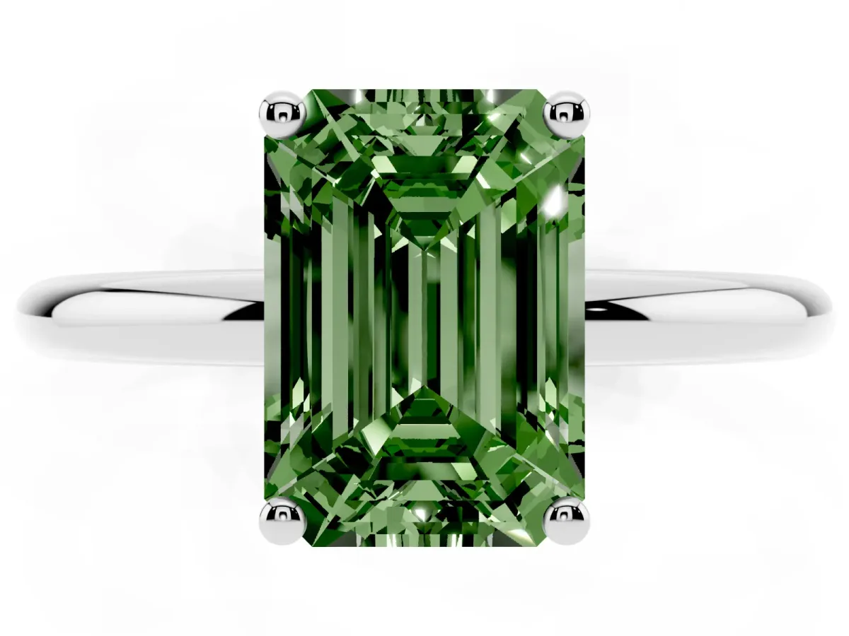 Fancy Green Emerald Cut Cut Solitaire Engagement Ring with Four-Prong Setting and Classic Band Platinum