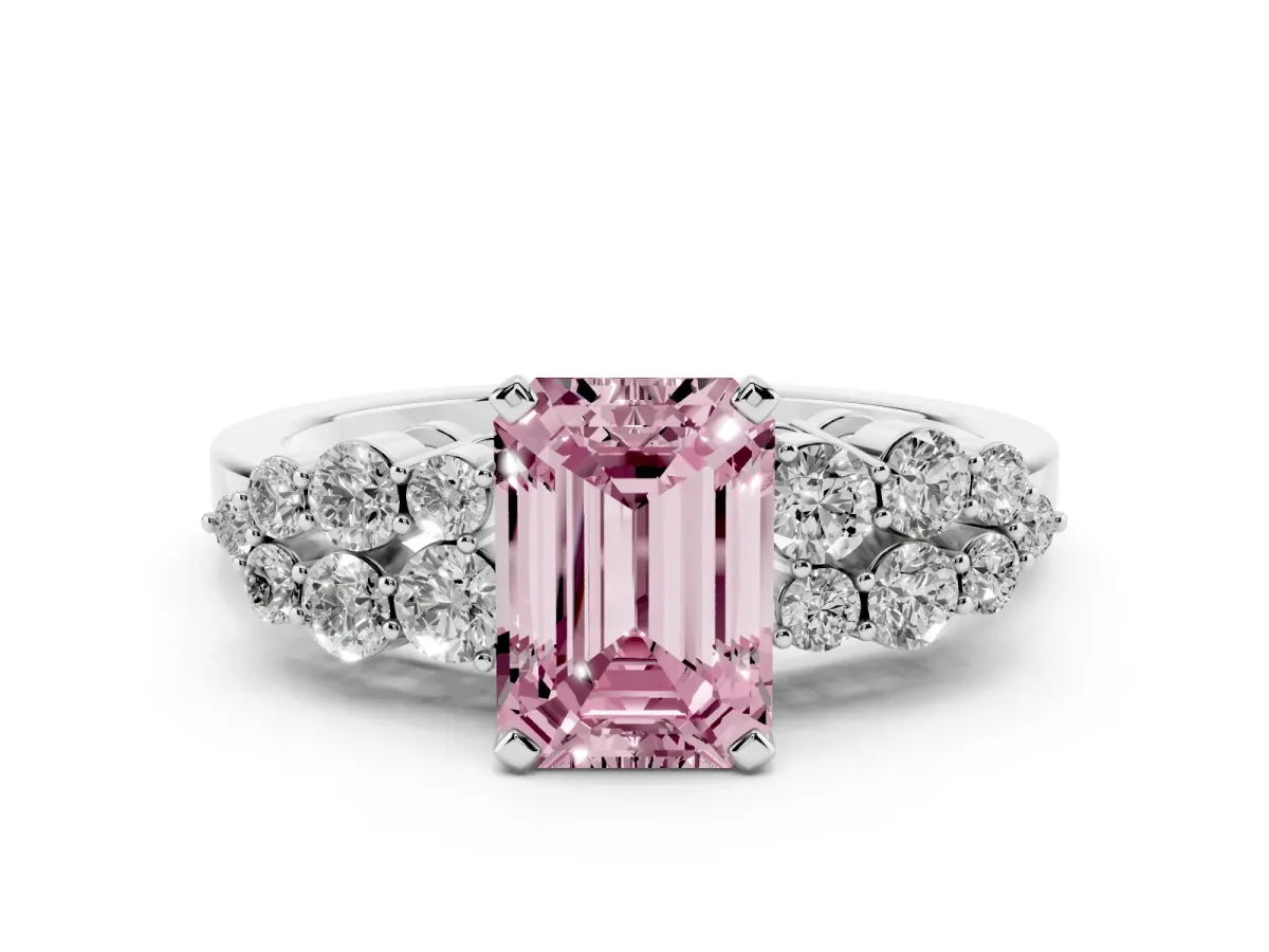 Fancy Pink Emerald Cut Cluster Diamond Engagement Ring with Pavé Band and Four-Prong Setting Silver