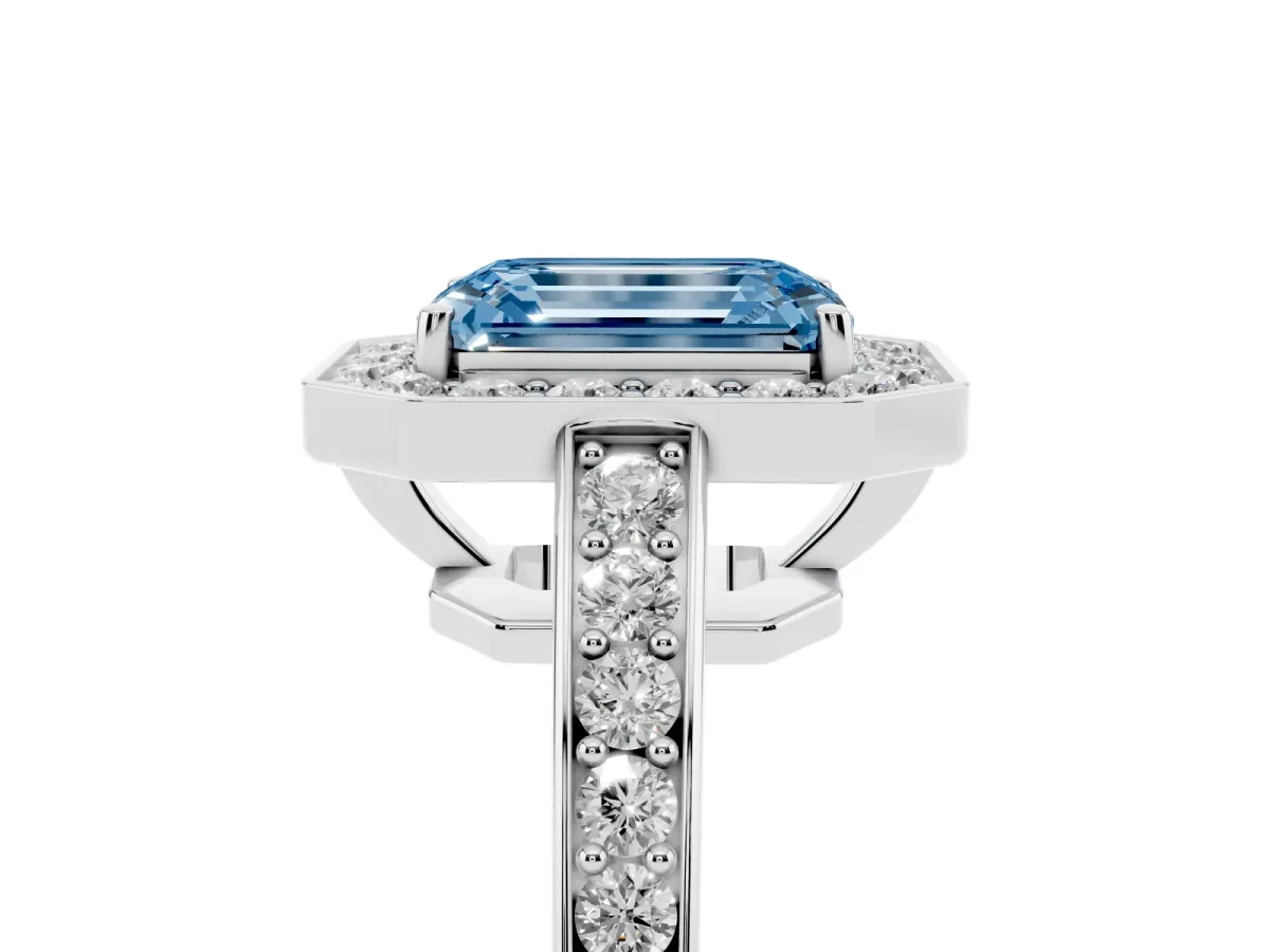 Fancy Blue Emerald Cut Halo Pavé Diamond Engagement Ring with Bezel Setting White gold