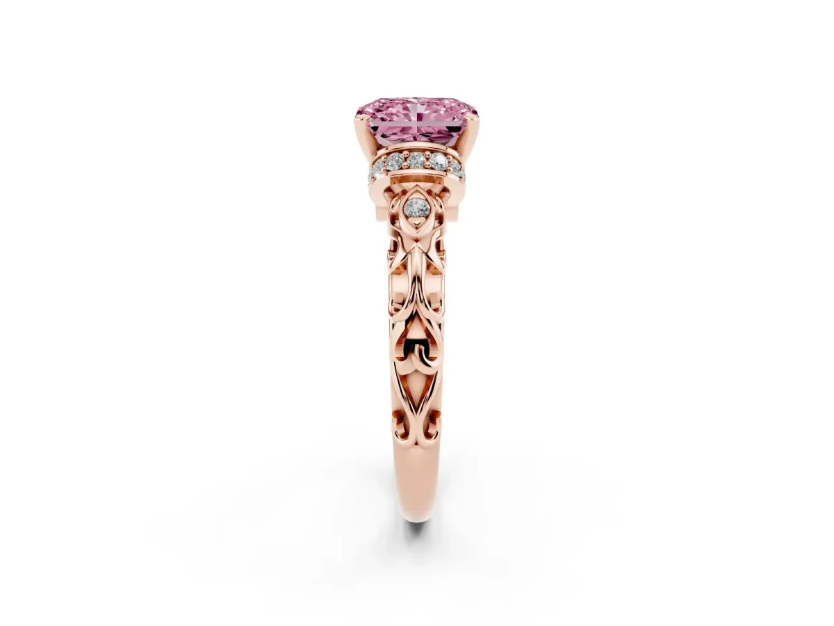 Fancy Pink Radiant Cut Diamond Solitaire Ring with Filigree Band and Four-Prong Setting Rose gold