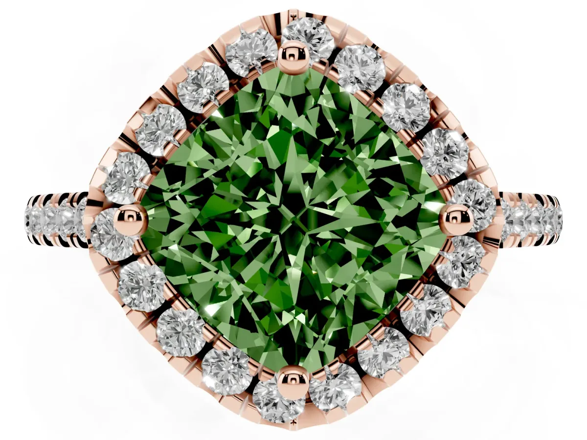Fancy Green Cushion Cut Diamond Cushion Halo Ring with Pavé Band Rose gold
