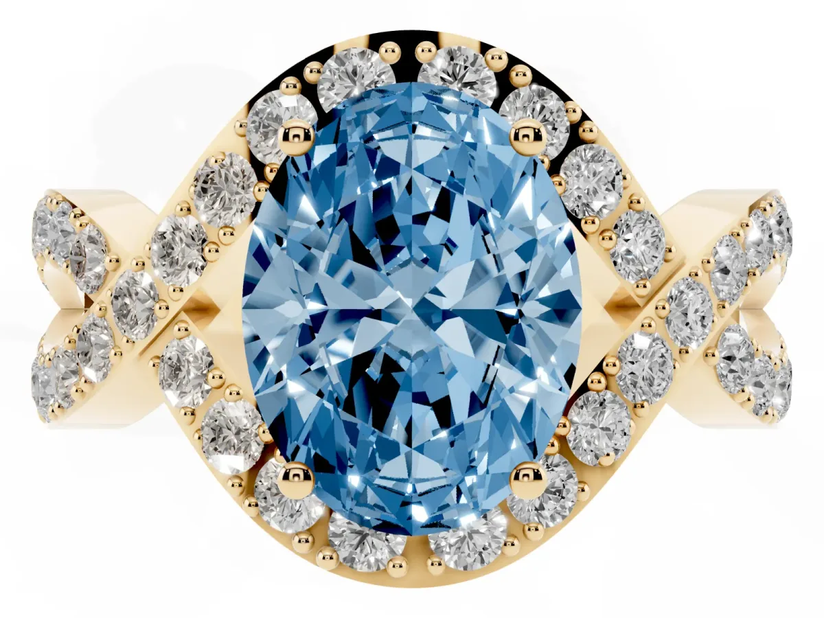 Fancy Blue Oval Cut Solitaire Twist Band Pavé Diamond Engagement Ring Yellow gold