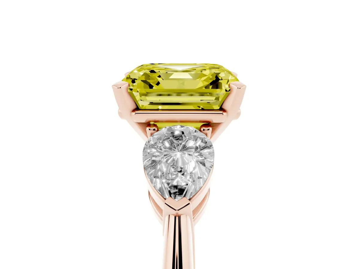 Fancy Yellow Three-Stone Asscher Cut Diamond Ring with Pear Side Stones and Four-Prong Setting Rose gold